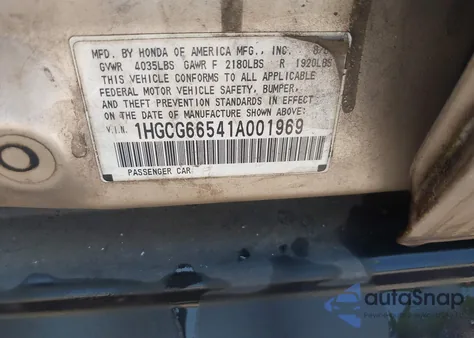 2001 Honda Accord 2.3 Lx из США, поврежденный, VIN 1HGCG66541A001969